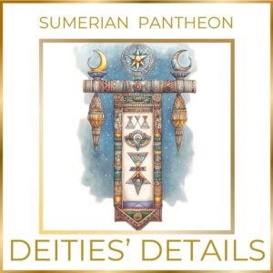 An icon of an unrolled scroll with cuneiform markings, flanked by minimalist golden symbols of Sumerian deities, including a star for Anu, crescent moon for Nanna, eight-pointed star for Inanna, circle with rays for Utu, and water vase for Enki.